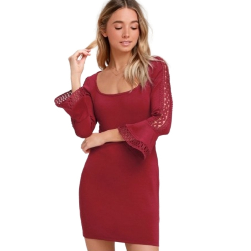 Lulu's Dress Womens M Burgundy Charismatic Flounce Sleeve Bodycon Whimsigoth NET